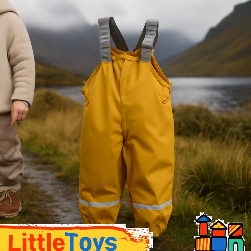 ALT-Text: Bunte Kleinkind-Matschhosen aus wasserfestem Material, ideal für aktives Spielen im Freien bei nassem Wetter.