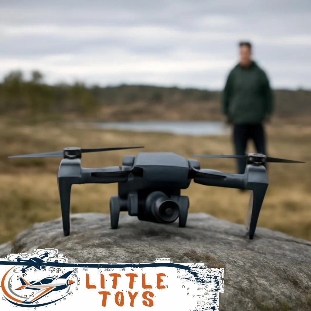 Drohne mit 4K-Kamera schwebt über Landschaft