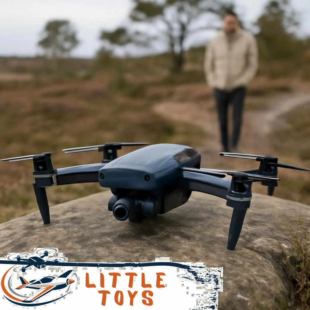 Drohne mit Kamera schwebt über Landschaft, sichtbare Propeller und Gimbal